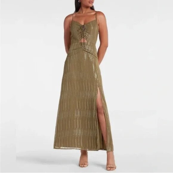 NWT Express Maxi Dress Olive Green Metallic Cutout Ruched Front Women's Size XL - Picture 1 of 16
